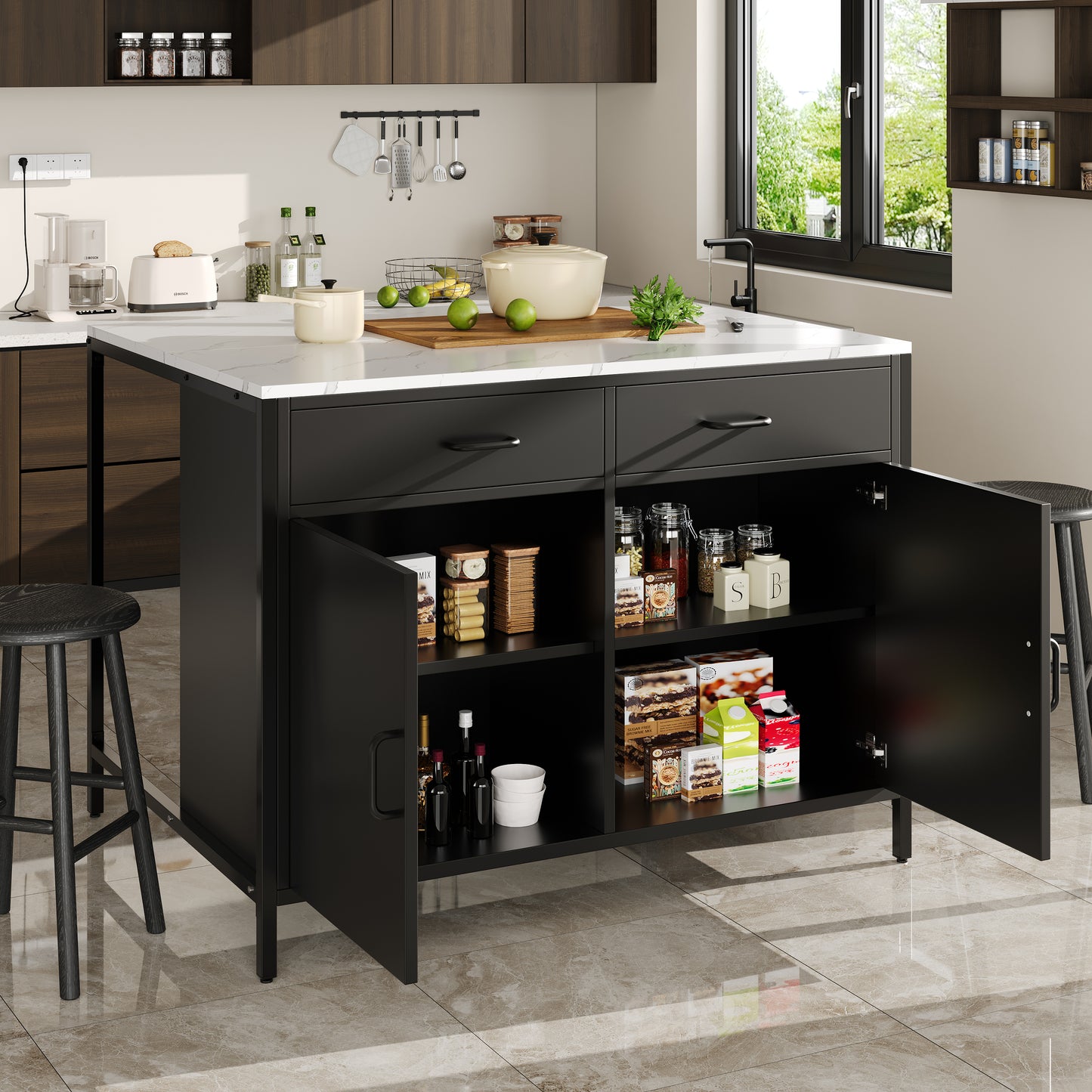 Standing Desk, Kitchen Countertop, Simple And Modern, Coffee Bar Table, Suitable For Living Room, Dining Room, Marble Pattern Tabletop, Adjustable Feet, Black