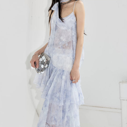 Light Blue, Irregularly Designed Strap Dress With Cool Water Tones