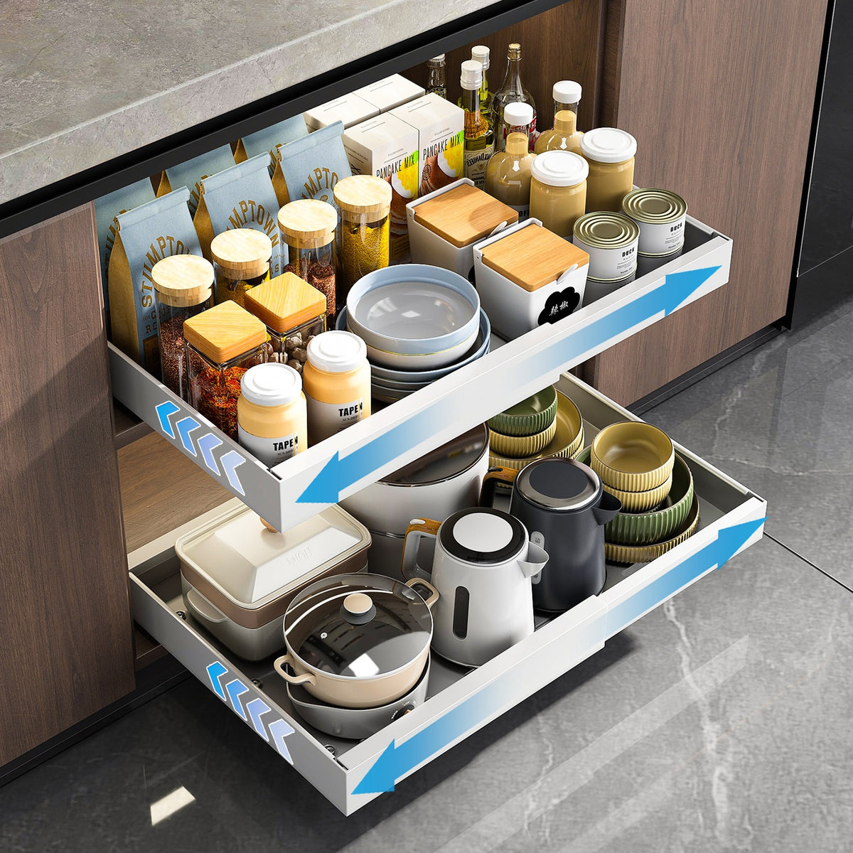 Extendable Kitchen Drawer-style Bowl And Utensil Organizer With Spice Bottle Holder