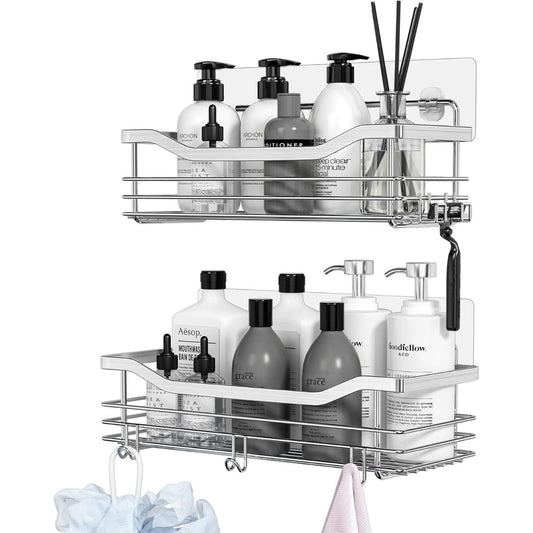 Shower Shelf With 5 Hooks; Shower Baskets For Bathroom, Kitchen, And Toilet; Set Of 2 Shower Shelves; No Drilling Required; Stainless Steel