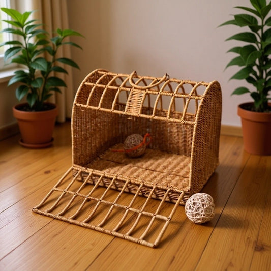 Portable Woven Rattan Cat Bed For Outings Breathable
