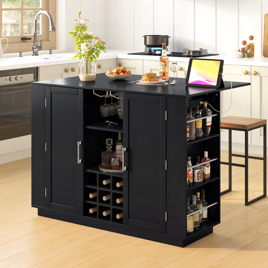 U-Style 47.2  Kitchen Island With Drop Leaf & Power Outlet  Wine Bar Cabinet With Bottle Rack & Glass Holder  Coffee Bar  2- Door Buffet Sideboard With Side Shelves  Melamine MDF